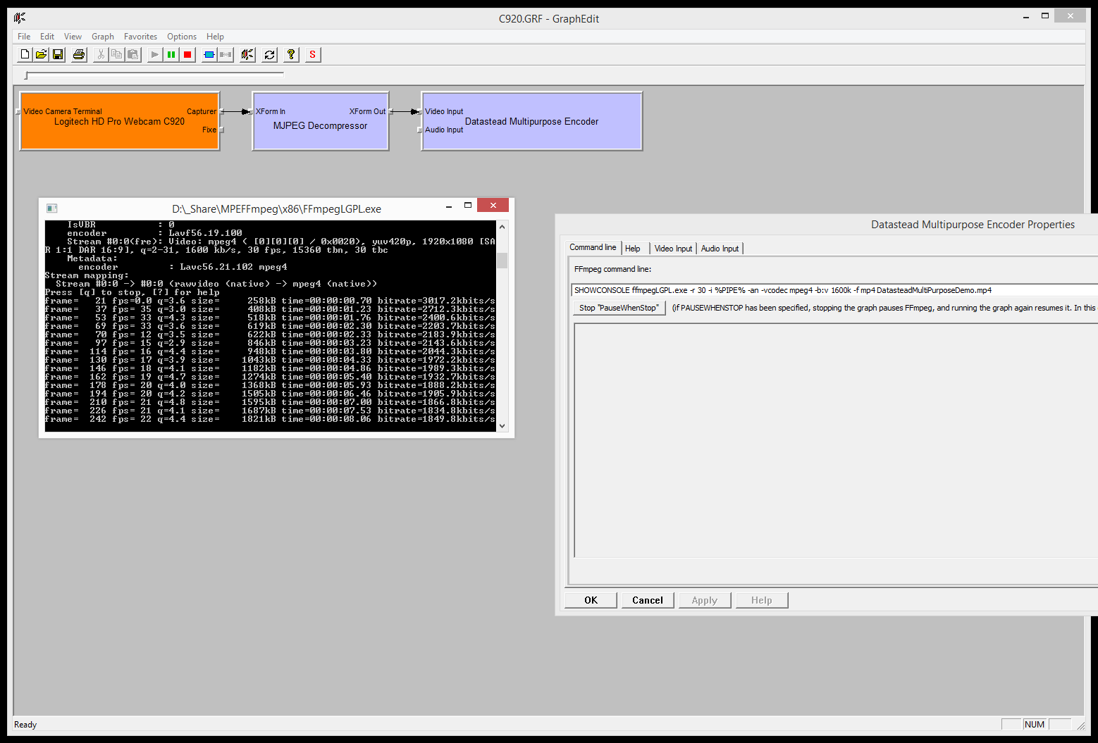 The Multipurpose Encoder in GraphEdit with the debug console visible